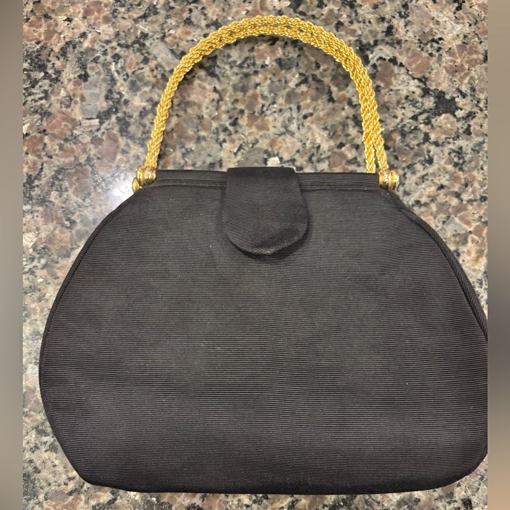 Whiting & Davis Vintage Evening Bag Gold Tone Handles Long Black Strap